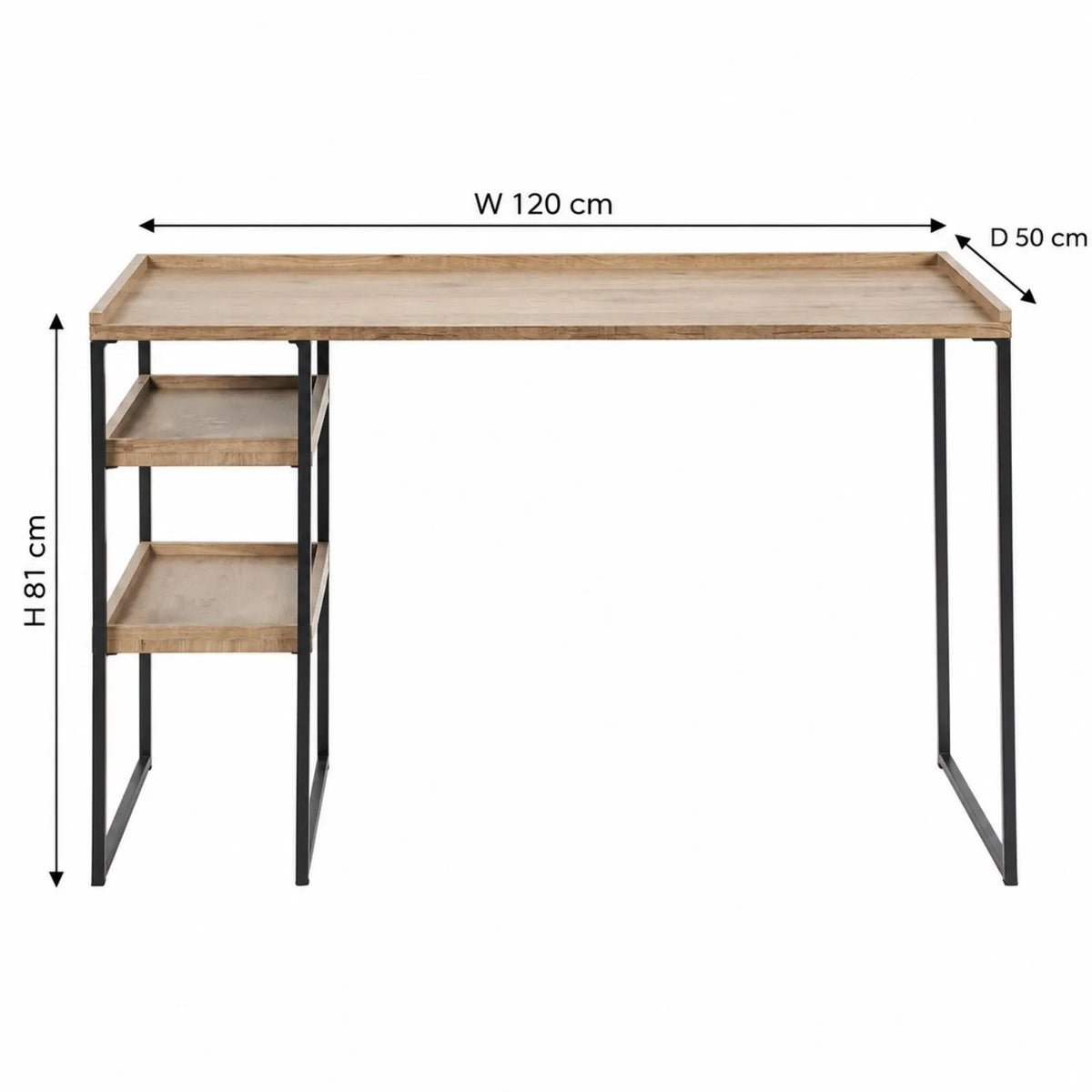 Natural wood effect veneer desk with 2 storage shelves and black metal frame dimensions W120 x D50 x H81cm | Click Style