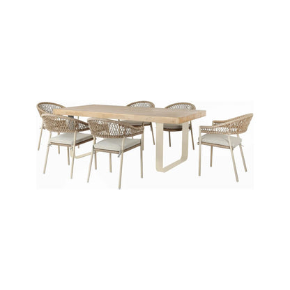 Natural & Light Beige 6 Seater Outdoor Garden Dining Set with Square Tie-On Cushions – Large Rectangular Thick-Top Acacia Wood Table & 6 Curved Back Rope Weave Dining Chairs, Light Beige Powder-Coated Aluminium Frame, Light Linen Season-Proof Cushions with Secure Ties, Weather-Resistant Luxury Patio Furniture Set for UK Gardens, Patios, Decking & Terraces | Click Style