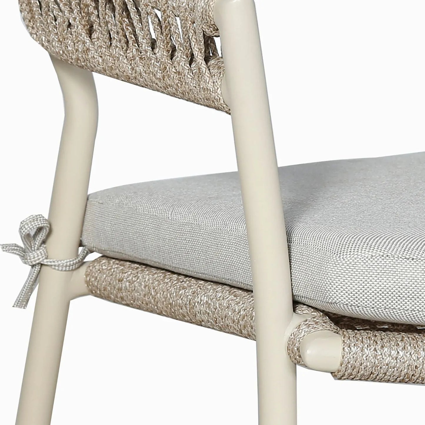 Natural & Light Beige 6 Seater Outdoor Garden Dining Set with Square Tie-On Cushions – Large Rectangular Thick-Top Acacia Wood Table & 6 Curved Back Rope Weave Dining Chairs, Light Beige Powder-Coated Aluminium Frame, Light Linen Season-Proof Cushions with Secure Ties, Weather-Resistant Luxury Patio Furniture Set for UK Gardens, Patios, Decking & Terraces | Click Style