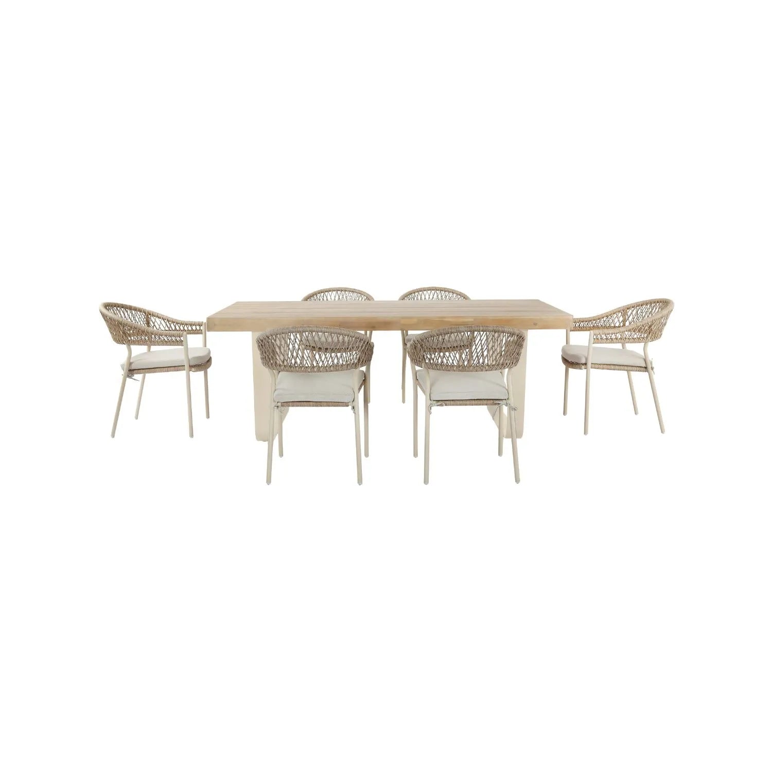 Natural & Light Beige 6 Seater Outdoor Garden Dining Set with Square Tie-On Cushions – Large Rectangular Thick-Top Acacia Wood Table & 6 Curved Back Rope Weave Dining Chairs, Light Beige Powder-Coated Aluminium Frame, Light Linen Season-Proof Cushions with Secure Ties, Weather-Resistant Luxury Patio Furniture Set for UK Gardens, Patios, Decking & Terraces | Click Style