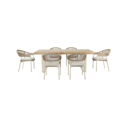 Natural & Light Beige 6 Seater Outdoor Garden Dining Set with Square Tie-On Cushions – Large Rectangular Thick-Top Acacia Wood Table & 6 Curved Back Rope Weave Dining Chairs, Light Beige Powder-Coated Aluminium Frame, Light Linen Season-Proof Cushions with Secure Ties, Weather-Resistant Luxury Patio Furniture Set for UK Gardens, Patios, Decking & Terraces | Click Style
