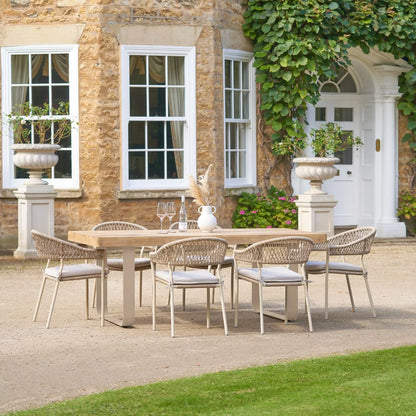 Natural & Light Beige 6 Seater Outdoor Garden Dining Set with Square Tie-On Cushions – Large Rectangular Thick-Top Acacia Wood Table & 6 Curved Back Rope Weave Dining Chairs, Light Beige Powder-Coated Aluminium Frame, Light Linen Season-Proof Cushions with Secure Ties, Weather-Resistant Luxury Patio Furniture Set for UK Gardens, Patios, Decking & Terraces | Click Style