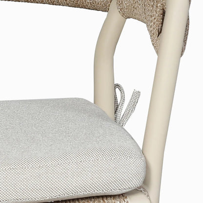 Natural & Light Beige 6 Seater Outdoor Garden Dining Set with Square Tie-On Cushions – Large Rectangular Thick-Top Acacia Wood Table & 6 Curved Back Rope Weave Dining Chairs, Light Beige Powder-Coated Aluminium Frame, Light Linen Season-Proof Cushions with Secure Ties, Weather-Resistant Luxury Patio Furniture Set for UK Gardens, Patios, Decking & Terraces | Click Style