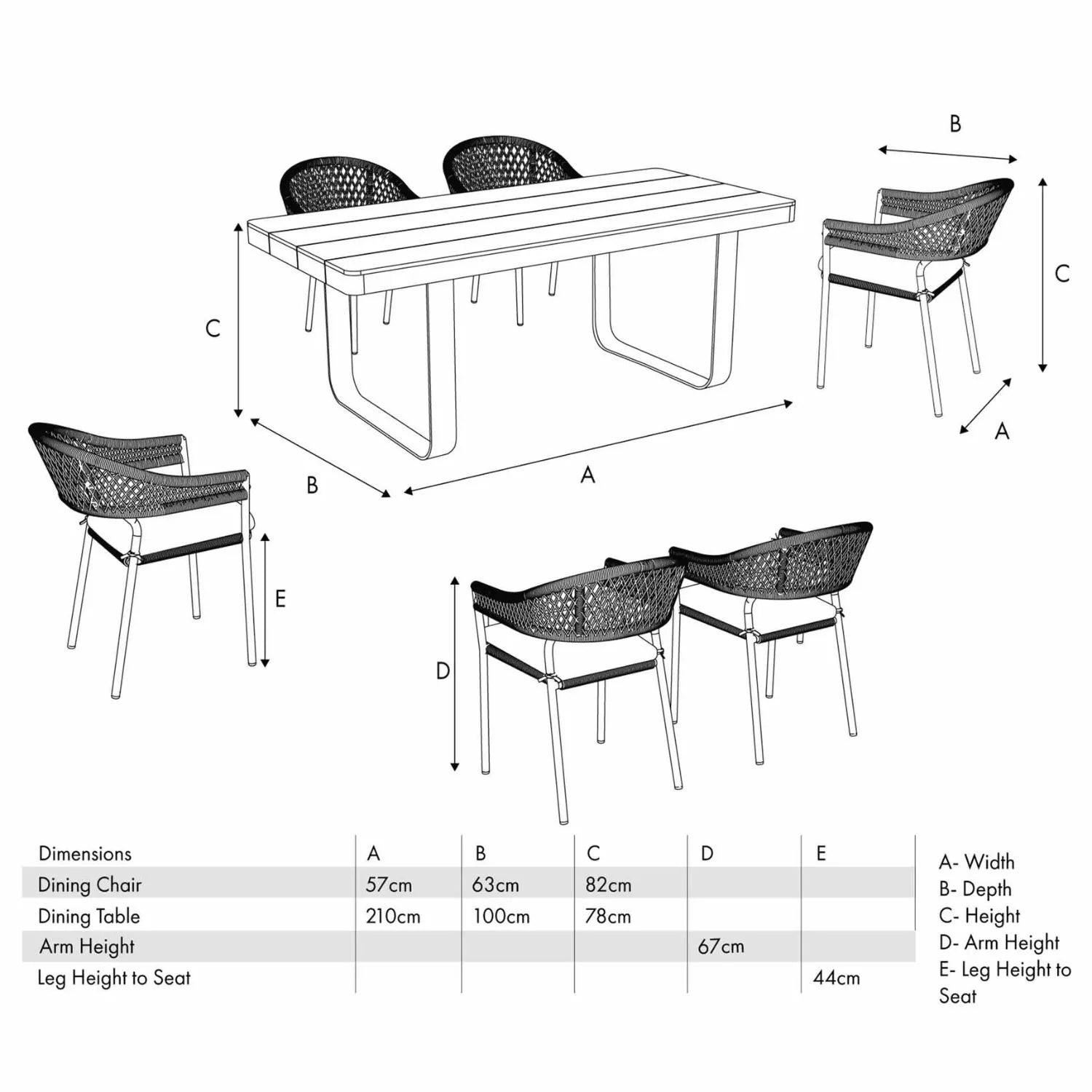 Natural & Light Beige 6 Seater Outdoor Garden Dining Set with Square Tie-On Cushions – Large Rectangular Thick-Top Acacia Wood Table & 6 Curved Back Rope Weave Dining Chairs, Light Beige Powder-Coated Aluminium Frame, Light Linen Season-Proof Cushions with Secure Ties, Weather-Resistant Luxury Patio Furniture Set for UK Gardens, Patios, Decking & Terraces Dimensions | Click Style