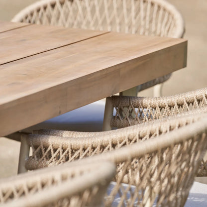 Natural & Light Beige 8 Seater Outdoor Garden Dining Set with Square Tie-On Cushions – Large Rectangular Thick-Top Acacia Wood Table & 8 Curved Back Rope Weave Dining Chairs, Light Beige Powder Coated Aluminium Frame, Light Linen Season-Proof Cushions with Secure Ties, Weather Resistant Luxury Garden Patio Furniture Set for Gardens, Patios, Decking & Terraces | Click Style