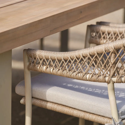 Natural & Light Beige 8 Seater Outdoor Garden Dining Set with Square Tie-On Cushions – Large Rectangular Thick-Top Acacia Wood Table & 8 Curved Back Rope Weave Dining Chairs, Light Beige Powder Coated Aluminium Frame, Light Linen Season-Proof Cushions with Secure Ties, Weather Resistant Luxury Garden Patio Furniture Set for Gardens, Patios, Decking & Terraces | Click Style