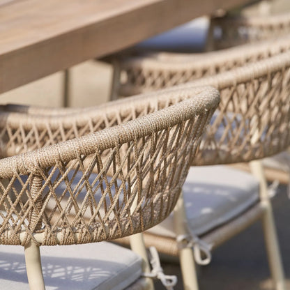 Natural & Light Beige 8 Seater Outdoor Garden Dining Set with Square Tie-On Cushions – Large Rectangular Thick-Top Acacia Wood Table & 8 Curved Back Rope Weave Dining Chairs, Light Beige Powder Coated Aluminium Frame, Light Linen Season-Proof Cushions with Secure Ties, Weather Resistant Luxury Garden Patio Furniture Set for Gardens, Patios, Decking & Terraces | Click Style