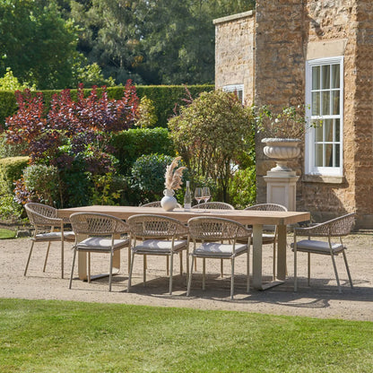 Natural & Light Beige 8 Seater Outdoor Garden Dining Set with Square Tie-On Cushions – Large Rectangular Thick-Top Acacia Wood Table & 8 Curved Back Rope Weave Dining Chairs, Light Beige Powder Coated Aluminium Frame, Light Linen Season-Proof Cushions with Secure Ties, Weather Resistant Luxury Garden Patio Furniture Set for Gardens, Patios, Decking & Terraces | Click Style