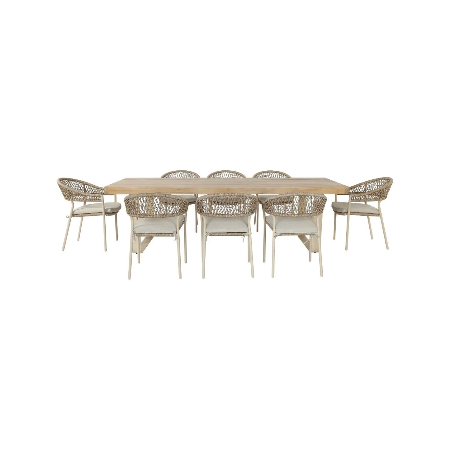 Natural & Light Beige 8 Seater Outdoor Garden Dining Set with Square Tie-On Cushions – Large Rectangular Thick-Top Acacia Wood Table & 8 Curved Back Rope Weave Dining Chairs, Light Beige Powder Coated Aluminium Frame, Light Linen Season-Proof Cushions with Secure Ties, Weather Resistant Luxury Garden Patio Furniture Set for Gardens, Patios, Decking & Terraces | Click Style