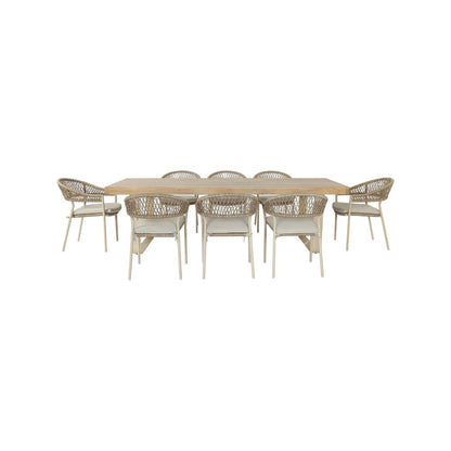 Natural & Light Beige 8 Seater Outdoor Garden Dining Set with Square Tie-On Cushions – Large Rectangular Thick-Top Acacia Wood Table & 8 Curved Back Rope Weave Dining Chairs, Light Beige Powder Coated Aluminium Frame, Light Linen Season-Proof Cushions with Secure Ties, Weather Resistant Luxury Garden Patio Furniture Set for Gardens, Patios, Decking & Terraces | Click Style