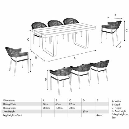 Natural & Light Beige 8 Seater Outdoor Garden Dining Set with Square Tie-On Cushions – Large Rectangular Thick-Top Acacia Wood Table & 8 Curved Back Rope Weave Dining Chairs, Light Beige Powder Coated Aluminium Frame, Light Linen Season-Proof Cushions with Secure Ties, Weather Resistant Luxury Garden Patio Furniture Set for Gardens, Patios, Decking & Terraces Dimensions | Click Style