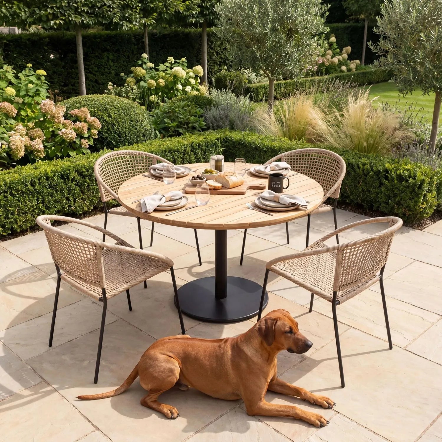 Neutral Beige 4-Seater Outdoor Rope Garden Dining Set with Acacia Wood Table & Powder-Coated Aluminium Chairs 73x120x120cm – contemporary outdoor dining furniture with hand-woven neutral beige polyrope chairs, round slatted teak-effect acacia wood tabletop with integrated parasol hole, black powder-coated aluminium pedestal base, weather-resistant and rust-resistant materials for patios, terraces, courtyards and modern UK gardens | Click Style