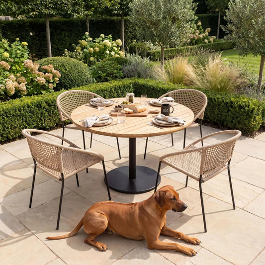 Neutral Beige 4-Seater Outdoor Rope Garden Dining Set with Acacia Wood Table & Powder-Coated Aluminium Chairs 73x120x120cm – contemporary outdoor dining furniture with hand-woven neutral beige polyrope chairs, round slatted teak-effect acacia wood tabletop with integrated parasol hole, black powder-coated aluminium pedestal base, weather-resistant and rust-resistant materials for patios, terraces, courtyards and modern UK gardens | Click Style