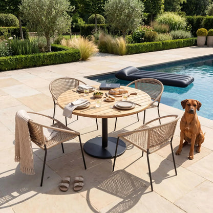 Neutral Beige 4-Seater Outdoor Rope Garden Dining Set with Acacia Wood Table & Powder-Coated Aluminium Chairs 73x120x120cm – contemporary outdoor dining furniture with hand-woven neutral beige polyrope chairs, round slatted teak-effect acacia wood tabletop with integrated parasol hole, black powder-coated aluminium pedestal base, weather-resistant and rust-resistant materials for patios, terraces, courtyards and modern UK gardens | Click Style