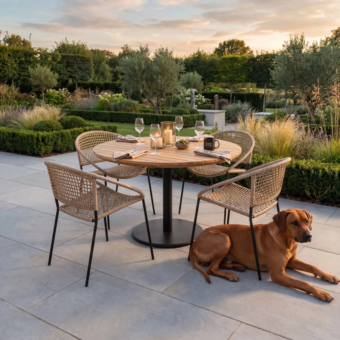 Neutral Beige 4-Seater Outdoor Rope Garden Dining Set with Acacia Wood Table & Powder-Coated Aluminium Chairs 73x120x120cm – contemporary outdoor dining furniture with hand-woven neutral beige polyrope chairs, round slatted teak-effect acacia wood tabletop with integrated parasol hole, black powder-coated aluminium pedestal base, weather-resistant and rust-resistant materials for patios, terraces, courtyards and modern UK gardens | Click Style