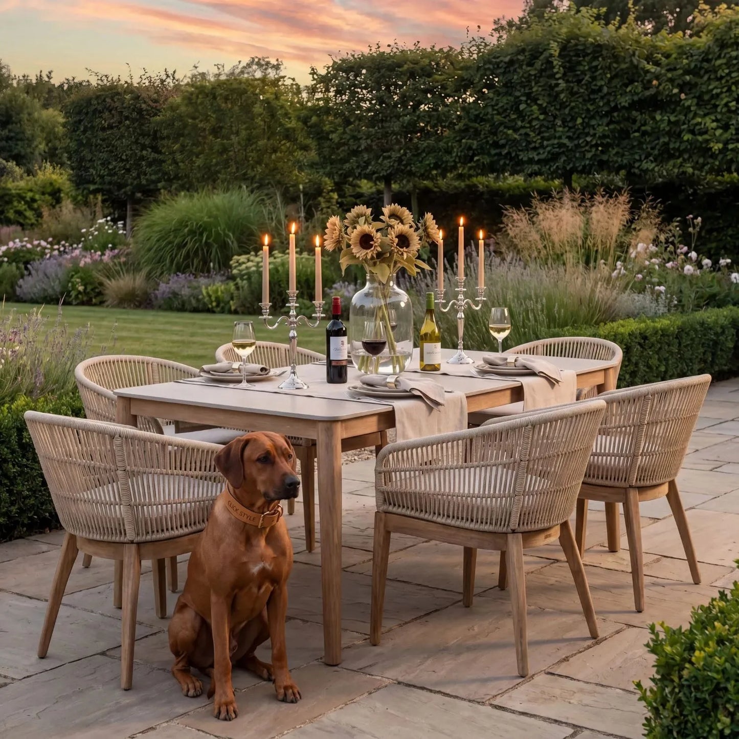 Neutral Beige 6-Seater Outdoor Rope Garden Dining Set with Cushions – Acacia Wood & Polyrope Chairs & Polystone Table 76x200x100cm – luxury outdoor dining furniture set with weather-resistant acacia wood frame, hand-woven latte beige polyrope chairs, light grey polystone tabletop, season-proof Olefin cushions and contemporary patio seating for modern gardens, terraces and alfresco dining | Click Style