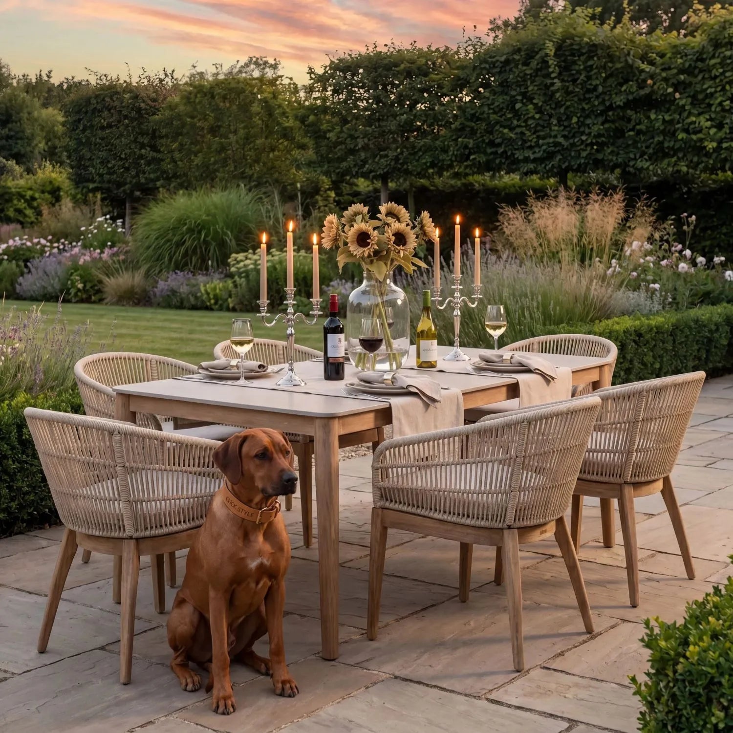 Neutral Beige 6-Seater Outdoor Rope Garden Dining Set with Cushions – Acacia Wood & Polyrope Chairs & Polystone Table 76x200x100cm – luxury outdoor dining furniture set with weather-resistant acacia wood frame, hand-woven latte beige polyrope chairs, light grey polystone tabletop, season-proof Olefin cushions and contemporary patio seating for modern gardens, terraces and alfresco dining | Click Style