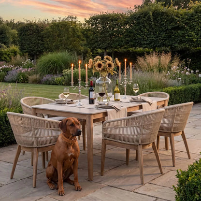 Neutral Beige 6-Seater Outdoor Rope Garden Dining Set with Cushions – Acacia Wood & Polyrope Chairs & Polystone Table 76x200x100cm – luxury outdoor dining furniture set with weather-resistant acacia wood frame, hand-woven latte beige polyrope chairs, light grey polystone tabletop, season-proof Olefin cushions and contemporary patio seating for modern gardens, terraces and alfresco dining | Click Style