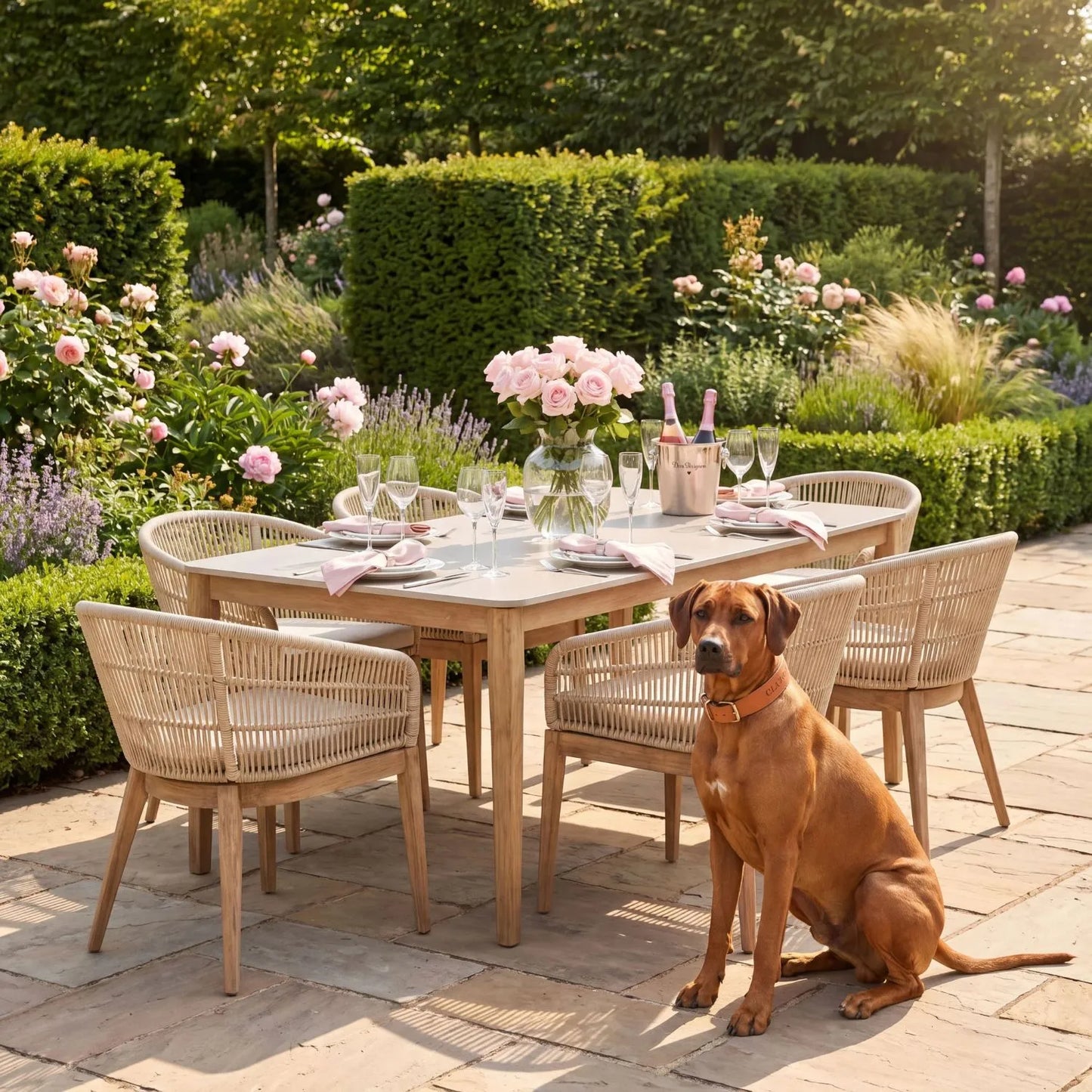 Neutral Beige 6-Seater Outdoor Rope Garden Dining Set with Cushions – Acacia Wood & Polyrope Chairs & Polystone Table 76x200x100cm – luxury outdoor dining furniture set with weather-resistant acacia wood frame, hand-woven latte beige polyrope chairs, light grey polystone tabletop, season-proof Olefin cushions and contemporary patio seating for modern gardens, terraces and alfresco dining | Click Style