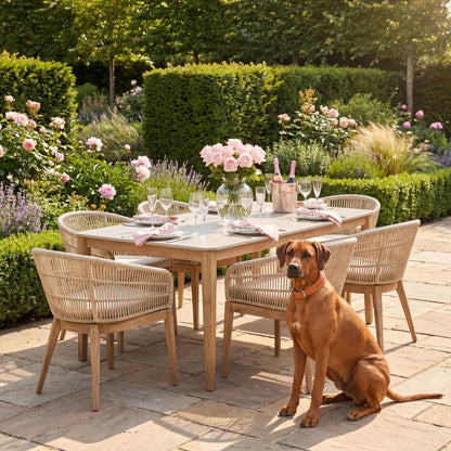 Neutral Beige 6-Seater Outdoor Rope Garden Dining Set with Cushions – Acacia Wood & Polyrope Chairs & Polystone Table 76x200x100cm – luxury outdoor dining furniture set with weather-resistant acacia wood frame, hand-woven latte beige polyrope chairs, light grey polystone tabletop, season-proof Olefin cushions and contemporary patio seating for modern gardens, terraces and alfresco dining | Click Style