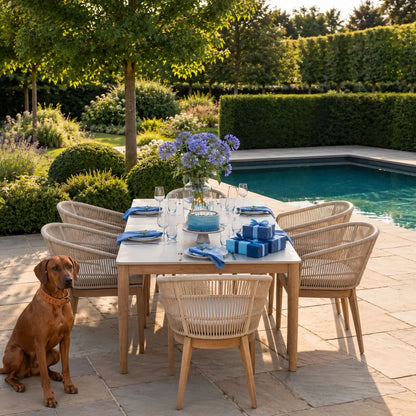 Neutral Beige 6-Seater Outdoor Rope Garden Dining Set with Cushions – Acacia Wood & Polyrope Chairs & Polystone Table 76x200x100cm – luxury outdoor dining furniture set with weather-resistant acacia wood frame, hand-woven latte beige polyrope chairs, light grey polystone tabletop, season-proof Olefin cushions and contemporary patio seating for modern gardens, terraces and alfresco dining | Click Style