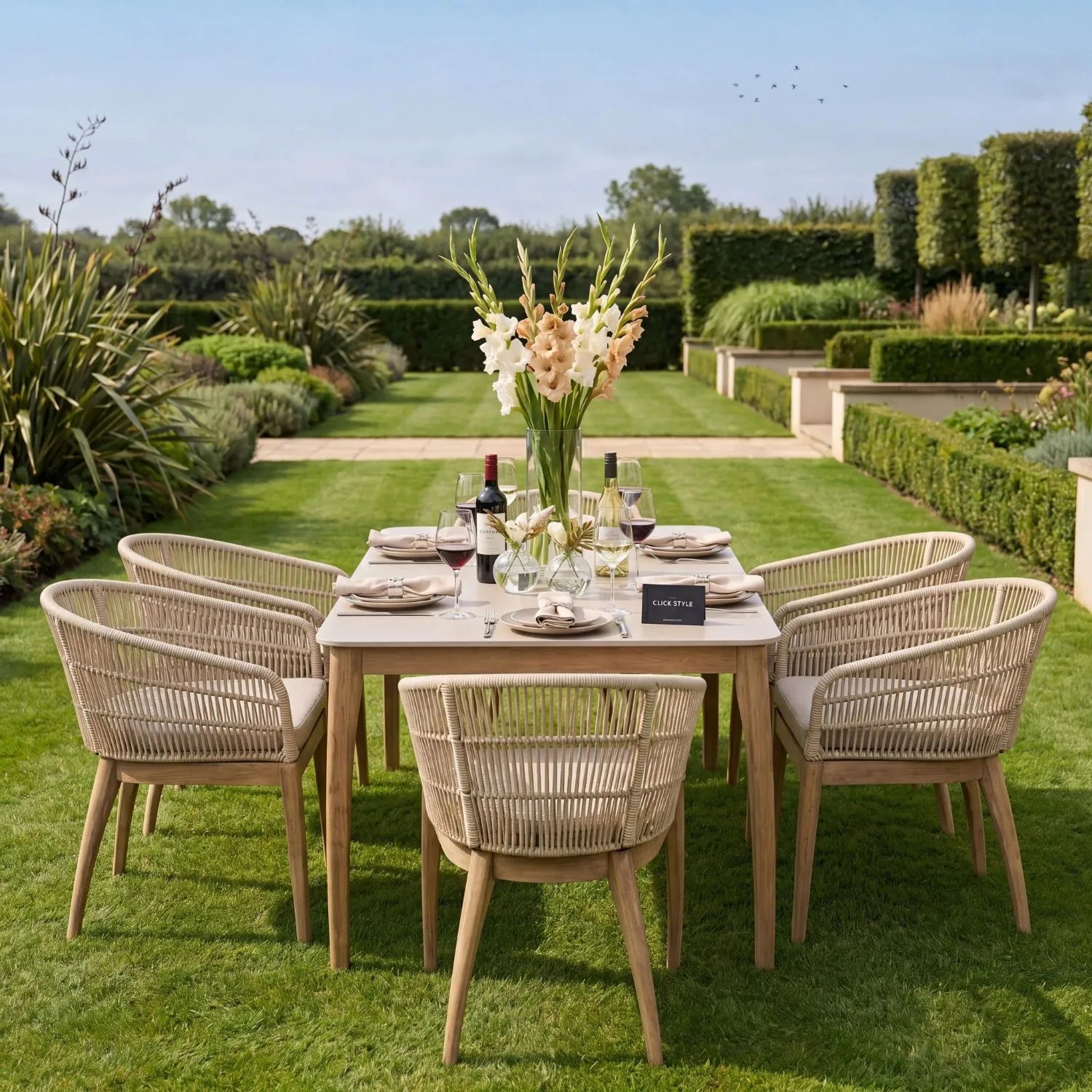 Neutral Beige 6-Seater Outdoor Rope Garden Dining Set with Cushions – Acacia Wood & Polyrope Chairs & Polystone Table 76x200x100cm – luxury outdoor dining furniture set with weather-resistant acacia wood frame, hand-woven latte beige polyrope chairs, light grey polystone tabletop, season-proof Olefin cushions and contemporary patio seating for modern gardens, terraces and alfresco dining | Click Style