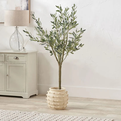 Neutral beige cream bobbled fibrestone decorative planter with textured stone-effect finish, indoor plant pot 29x32x32cm | Click Style