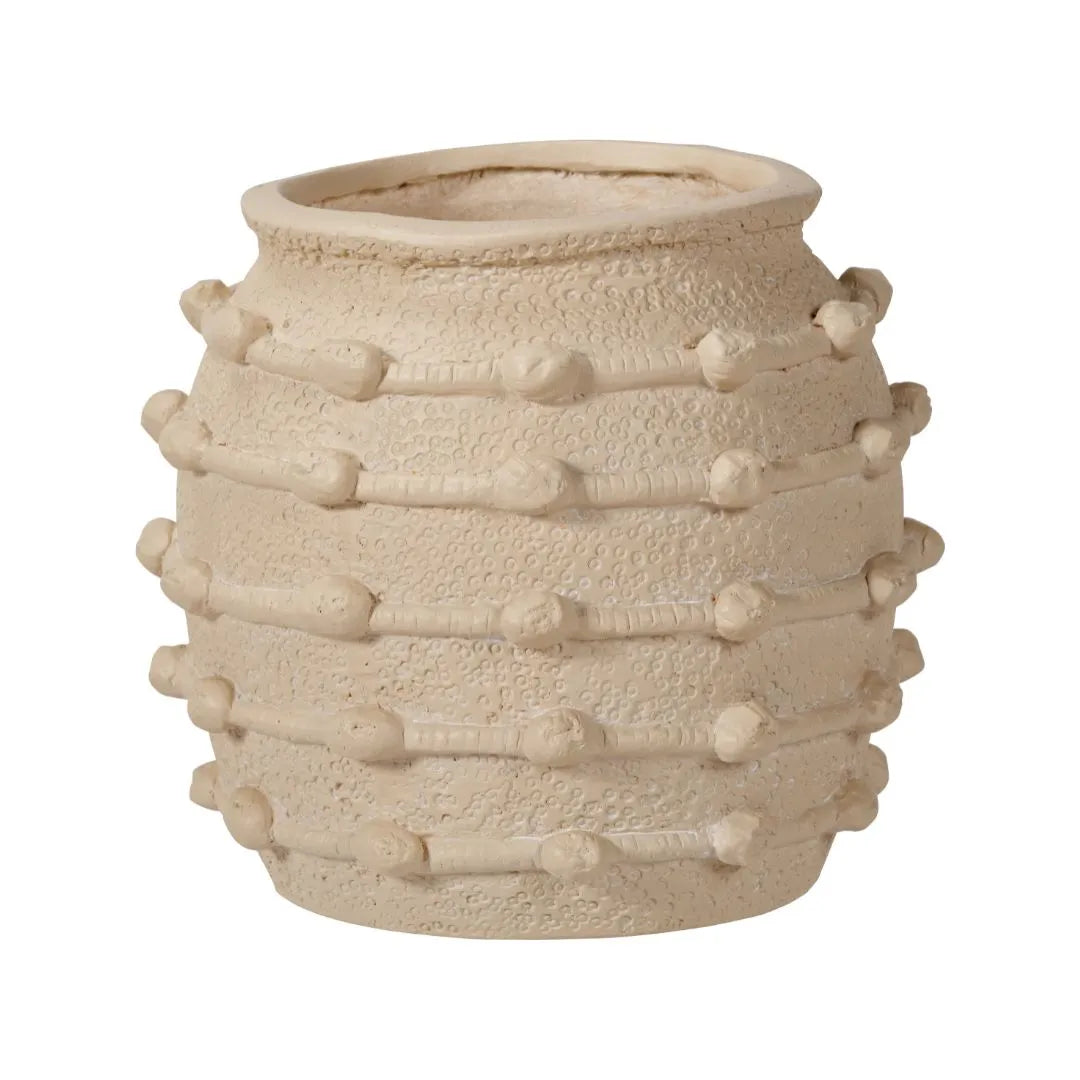 Neutral beige cream bobbled fibrestone decorative planter with textured stone-effect finish, indoor plant pot 29x32x32cm | Click Style