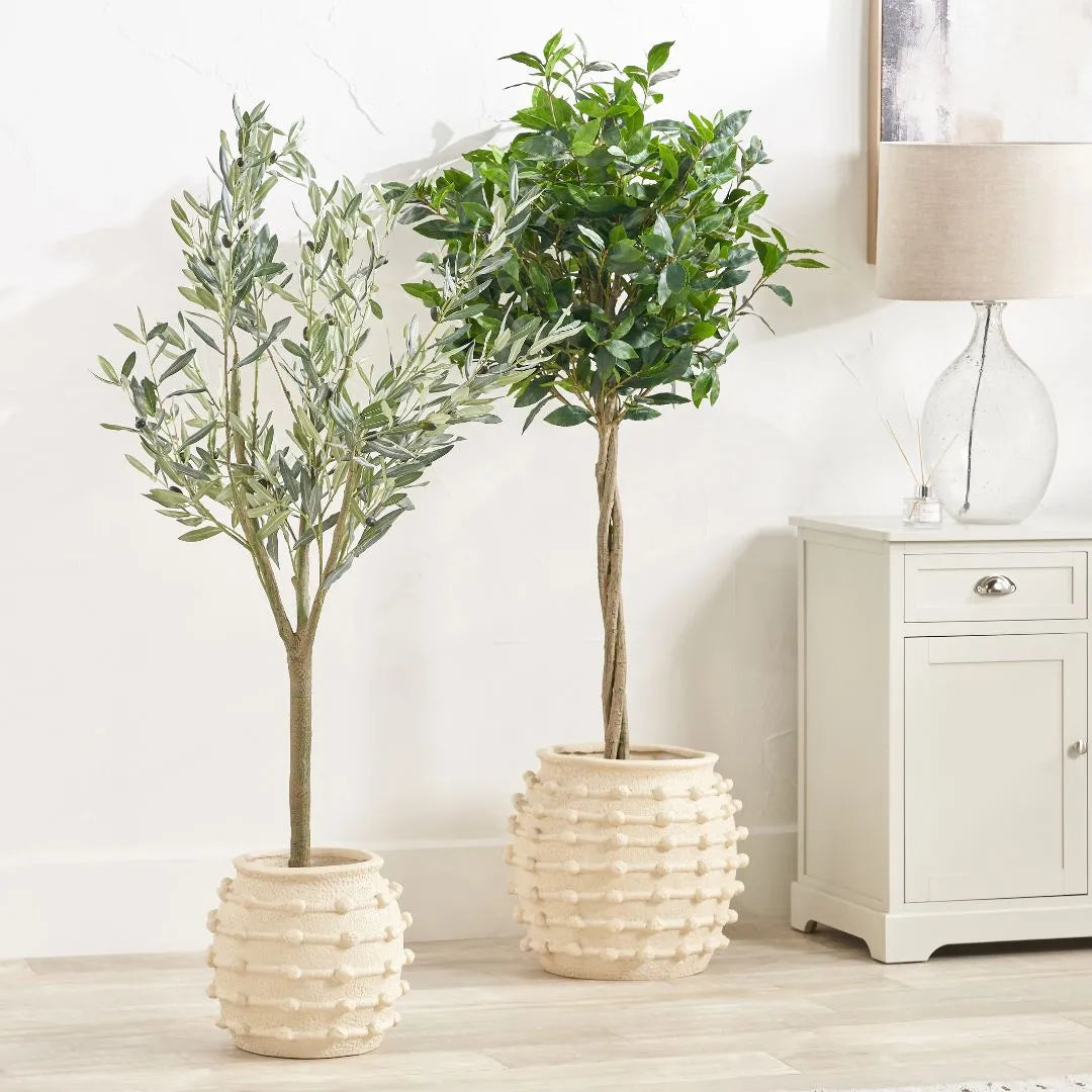 Neutral beige cream bobbled fibrestone decorative planter with textured stone-effect finish, indoor plant pot 29x32x32cm | Click Style