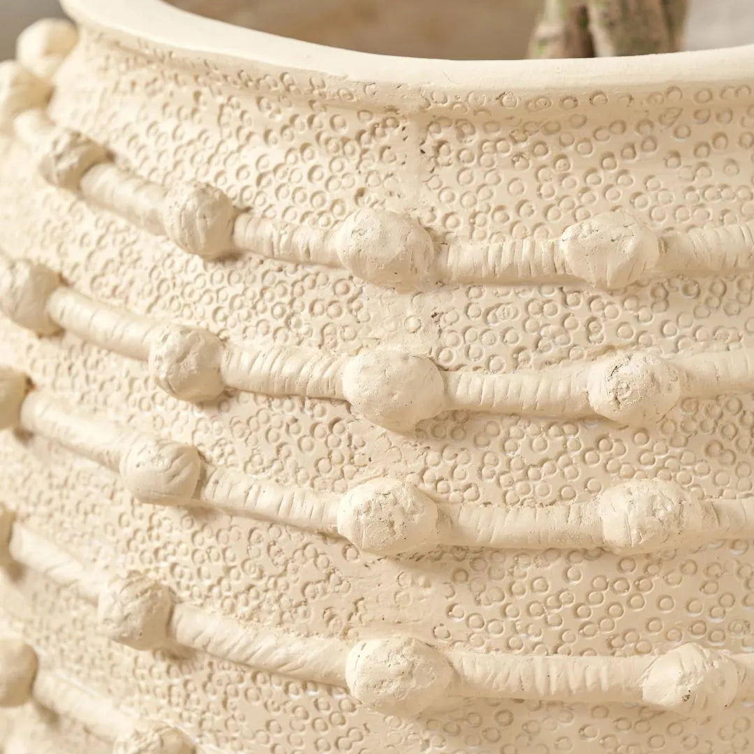 Neutral beige cream bobbled fibrestone decorative planter with textured stone-effect finish, indoor plant pot 29x32x32cm | Click Style