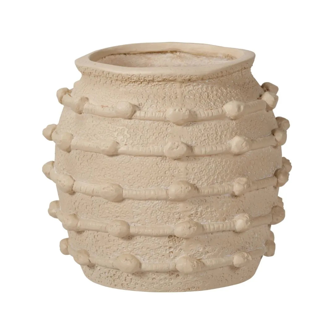 Neutral beige cream bobbled fibrestone decorative planter with textured stone-effect finish, indoor plant pot 29x32x32cm | Click Style