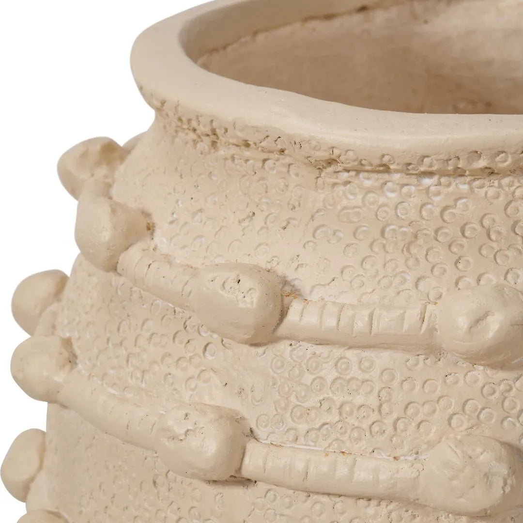 Neutral beige cream bobbled fibrestone decorative planter with textured stone-effect finish, indoor plant pot 29x32x32cm | Click Style