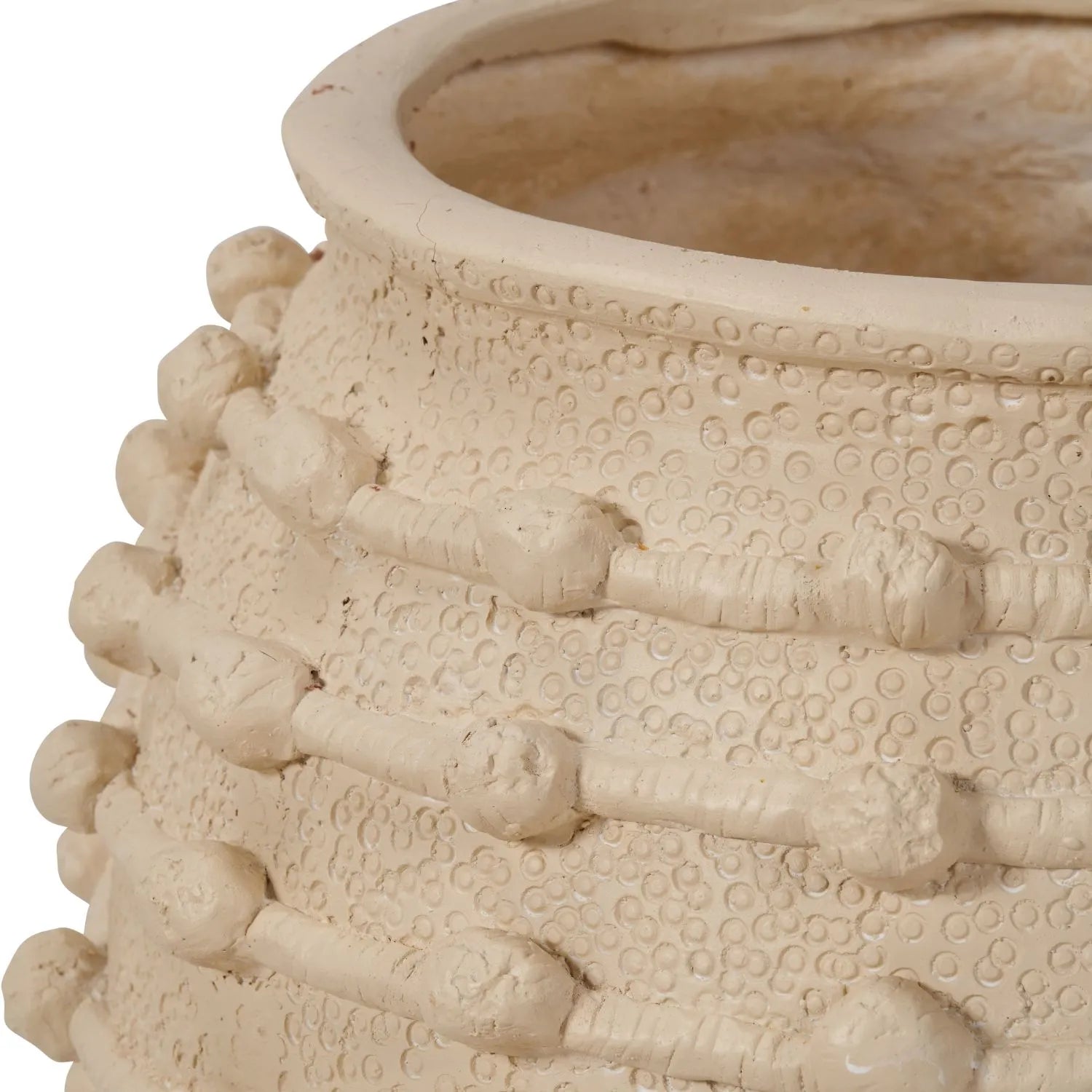 Neutral beige cream large bobbled fibrestone decorative planter with textured stone-effect finish, large indoor plant pot 39x42x42cm | Click Style