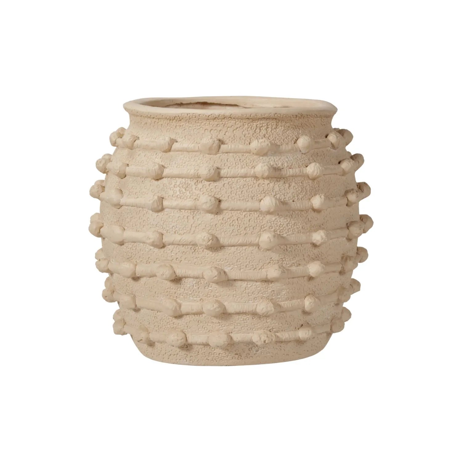 Neutral beige cream large bobbled fibrestone decorative planter with textured stone-effect finish, large indoor plant pot 39x42x42cm | Click Style