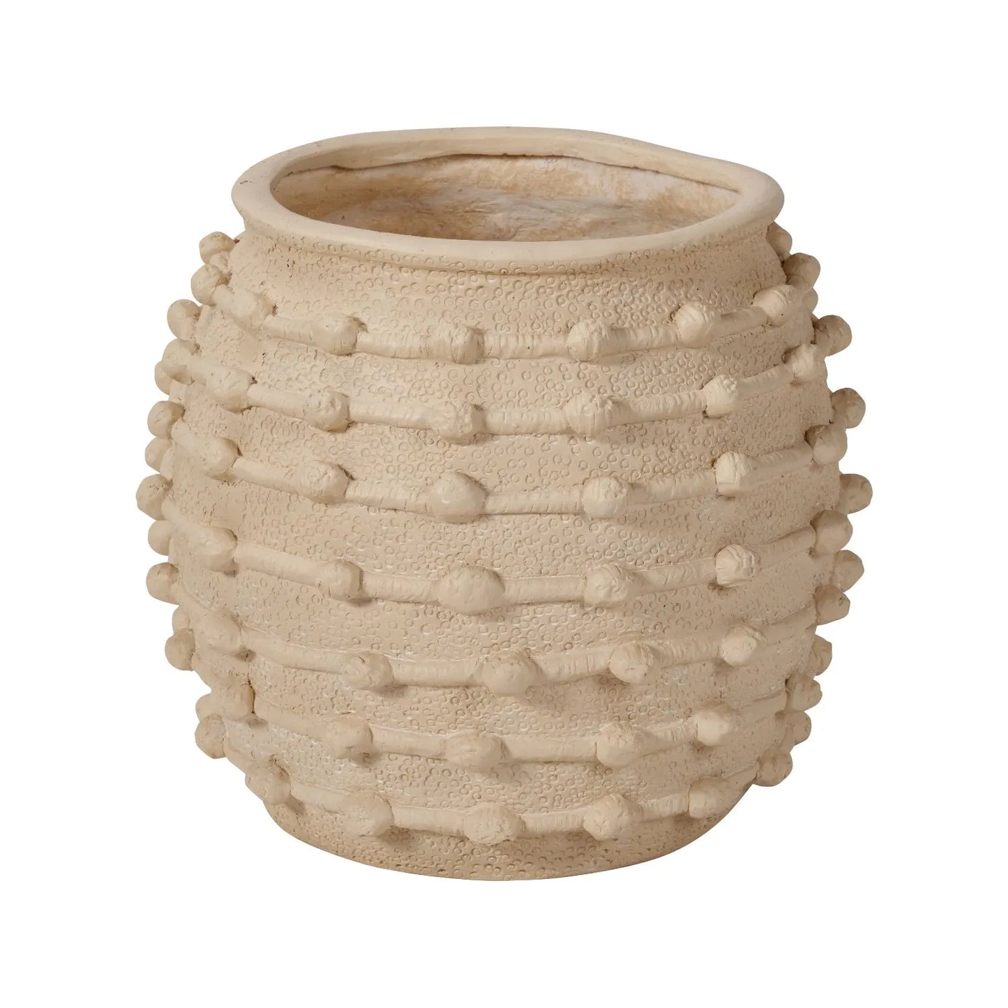 Neutral beige cream large bobbled fibrestone decorative planter with textured stone-effect finish, large indoor plant pot 39x42x42cm | Click Style