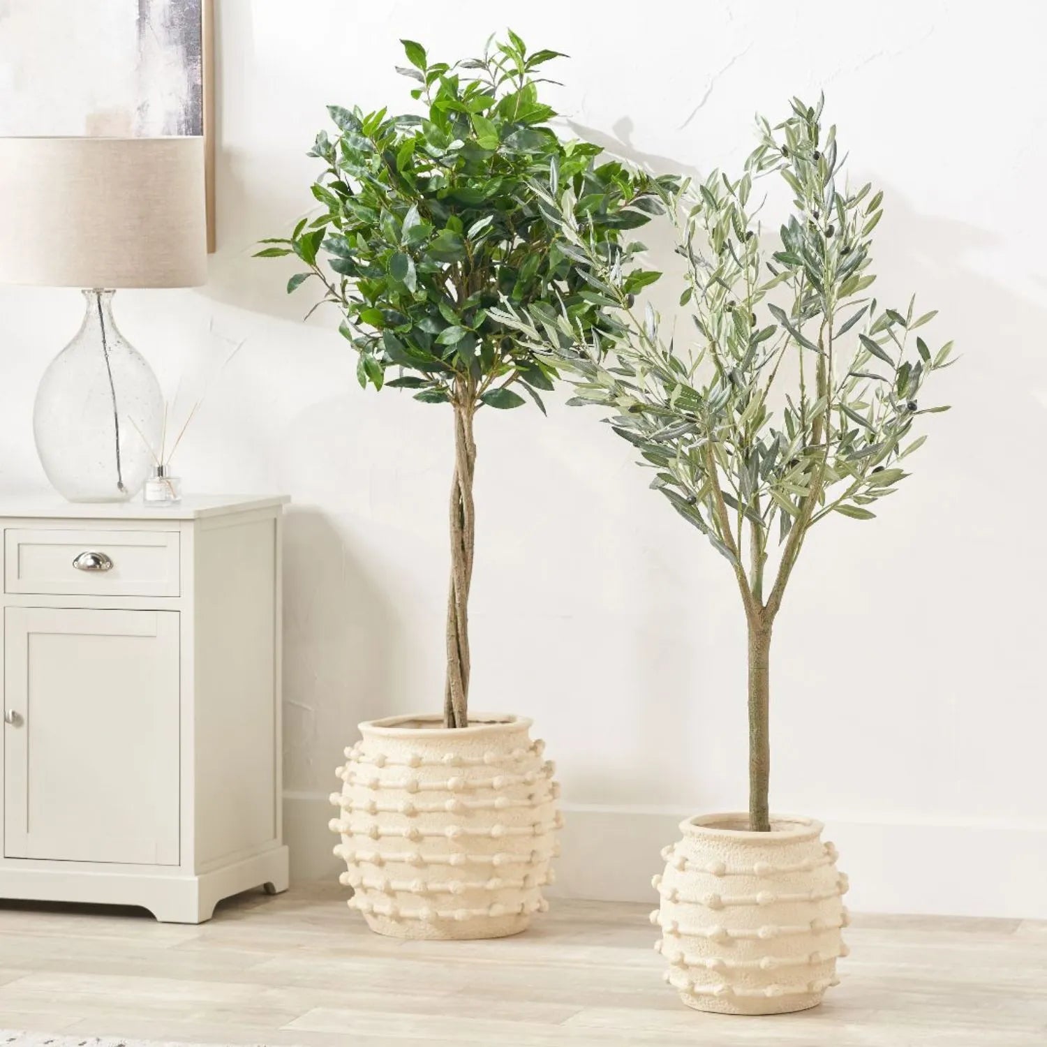 Neutral beige cream large bobbled fibrestone decorative planter with textured stone-effect finish, large indoor plant pot 39x42x42cm | Click Style