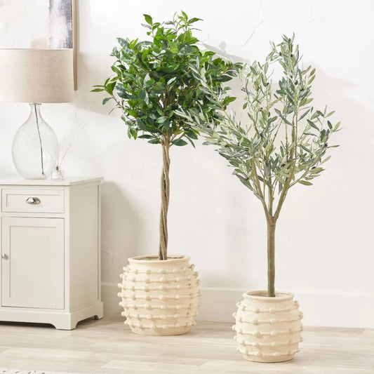 Neutral beige cream large bobbled fibrestone decorative planter with textured stone-effect finish, large indoor plant pot 39x42x42cm | Click Style