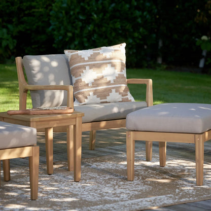 Neutral Beige Taupe 2-Seater Outdoor Garden Lounge Set with Armchairs, Footstools & Side Table – Light Teak Effect Acacia Wood Bistro Patio Set with Cushions, Compact Seating for Garden, Terrace, Balcony, Conservatory & Outdoor Living Space | Click Style