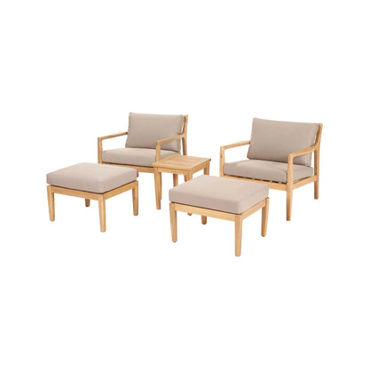 Neutral Beige Taupe 2-Seater Outdoor Garden Lounge Set with Armchairs, Footstools & Side Table – Light Teak Effect Acacia Wood Bistro Patio Set with Cushions, Compact Seating for Garden, Terrace, Balcony, Conservatory & Outdoor Living Space | Click Style