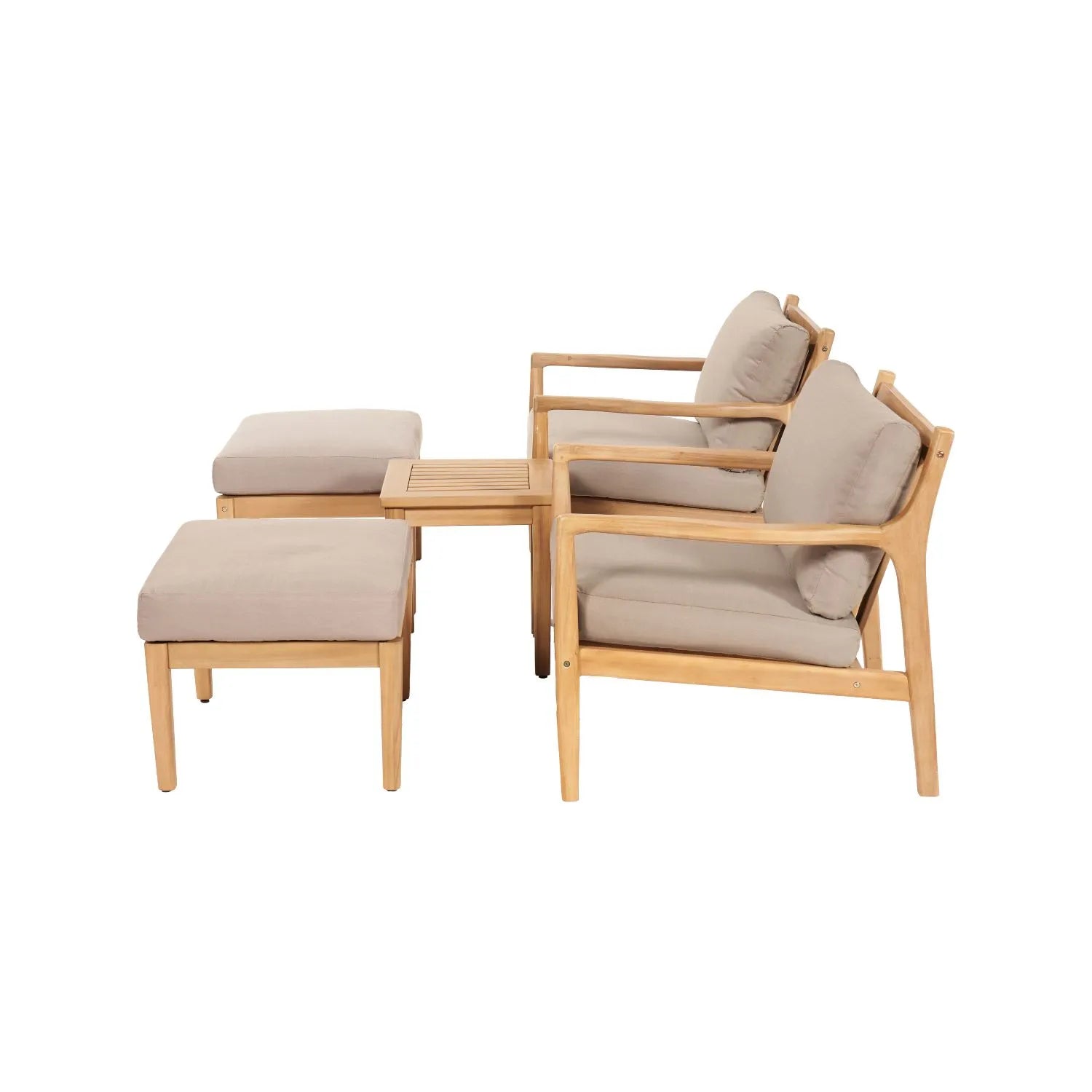 Neutral Beige Taupe 2-Seater Outdoor Garden Lounge Set with Armchairs, Footstools & Side Table – Light Teak Effect Acacia Wood Bistro Patio Set with Cushions, Compact Seating for Garden, Terrace, Balcony, Conservatory & Outdoor Living Space | Click Style
