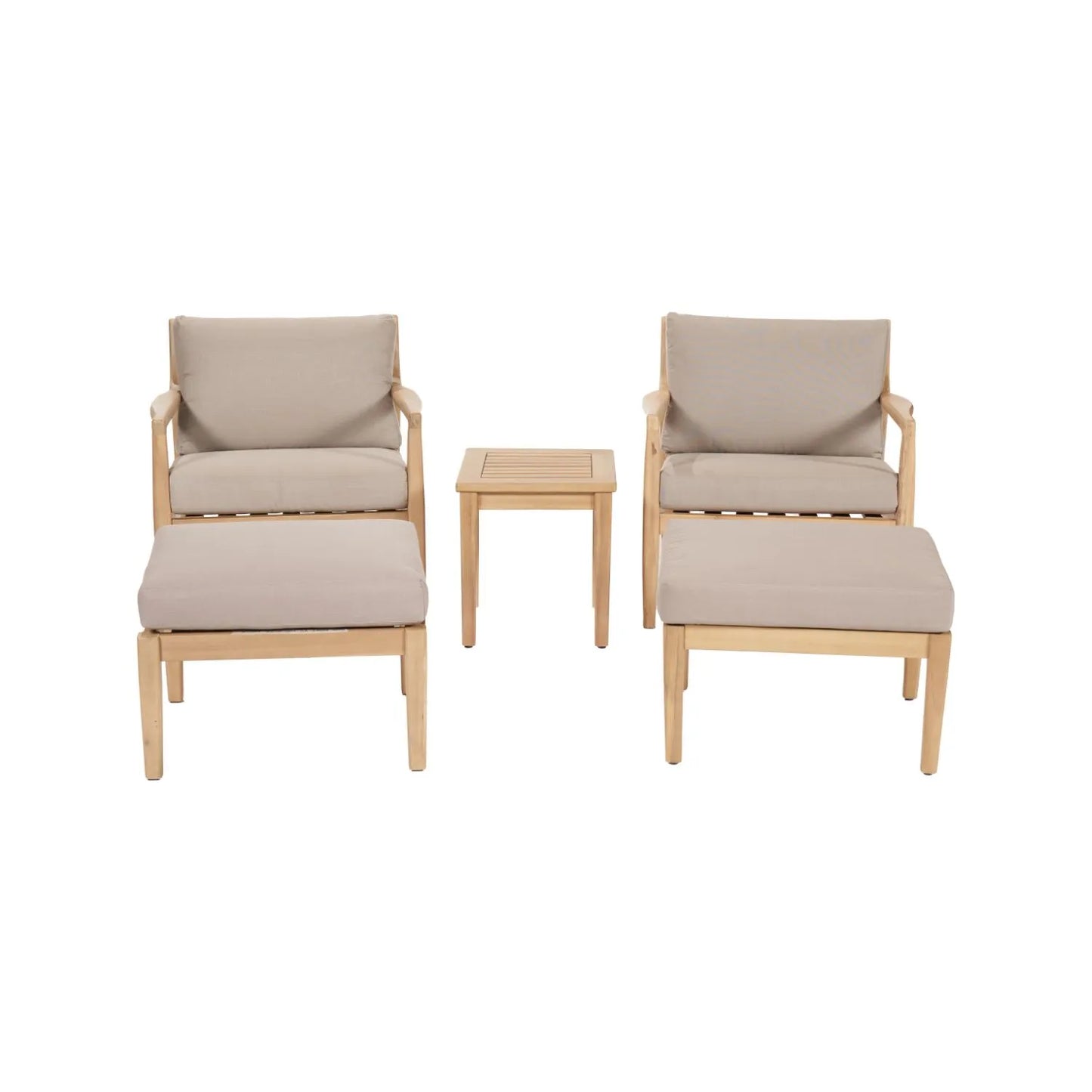 Neutral Beige Taupe 2-Seater Outdoor Garden Lounge Set with Armchairs, Footstools & Side Table – Light Teak Effect Acacia Wood Bistro Patio Set with Cushions, Compact Seating for Garden, Terrace, Balcony, Conservatory & Outdoor Living Space | Click Style
