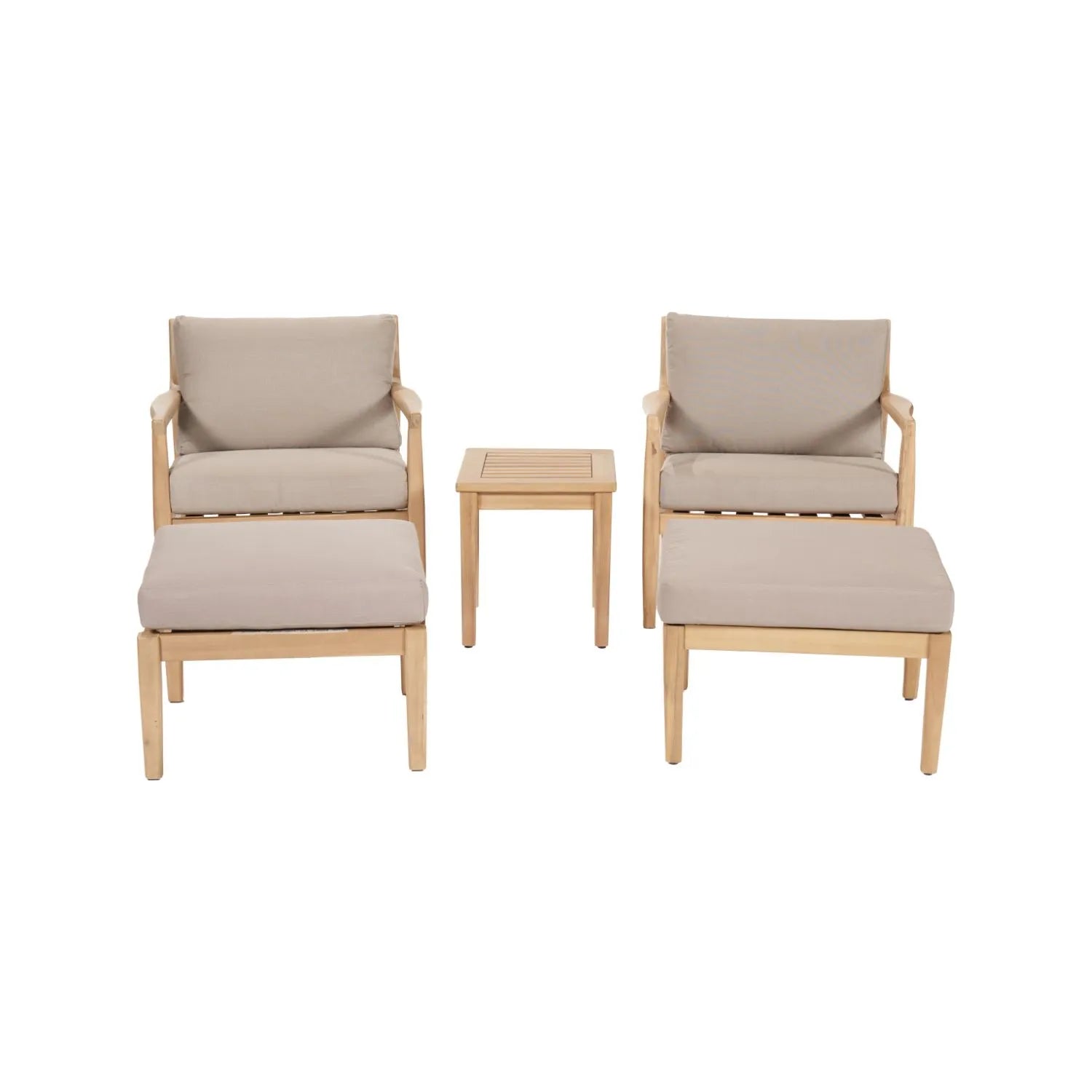 Neutral Beige Taupe 2-Seater Outdoor Garden Lounge Set with Armchairs, Footstools & Side Table – Light Teak Effect Acacia Wood Bistro Patio Set with Cushions, Compact Seating for Garden, Terrace, Balcony, Conservatory & Outdoor Living Space | Click Style