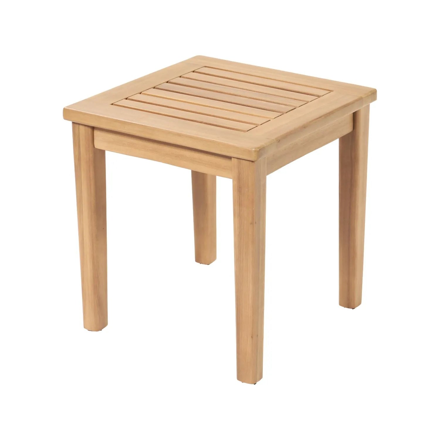 Neutral Beige Taupe 2-Seater Outdoor Garden Lounge Set with Armchairs, Footstools & Side Table – Light Teak Effect Acacia Wood Bistro Patio Set with Cushions, Compact Seating for Garden, Terrace, Balcony, Conservatory & Outdoor Living Space | Click Style