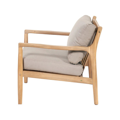 Neutral Beige Taupe 2-Seater Outdoor Garden Lounge Set with Armchairs, Footstools & Side Table – Light Teak Effect Acacia Wood Bistro Patio Set with Cushions, Compact Seating for Garden, Terrace, Balcony, Conservatory & Outdoor Living Space | Click Style