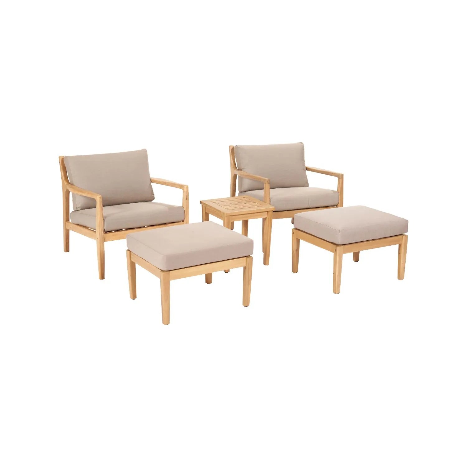 Neutral Beige Taupe 2-Seater Outdoor Garden Lounge Set with Armchairs, Footstools & Side Table – Light Teak Effect Acacia Wood Bistro Patio Set with Cushions, Compact Seating for Garden, Terrace, Balcony, Conservatory & Outdoor Living Space | Click Style