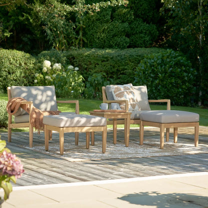 Neutral Beige Taupe 2-Seater Outdoor Garden Lounge Set with Armchairs, Footstools & Side Table – Light Teak Effect Acacia Wood Bistro Patio Set with Cushions, Compact Seating for Garden, Terrace, Balcony, Conservatory & Outdoor Living Space | Click Style
