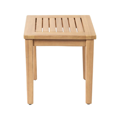 Neutral Beige Taupe 2-Seater Outdoor Garden Lounge Set with Armchairs, Footstools & Side Table – Light Teak Effect Acacia Wood Bistro Patio Set with Cushions, Compact Seating for Garden, Terrace, Balcony, Conservatory & Outdoor Living Space | Click Style
