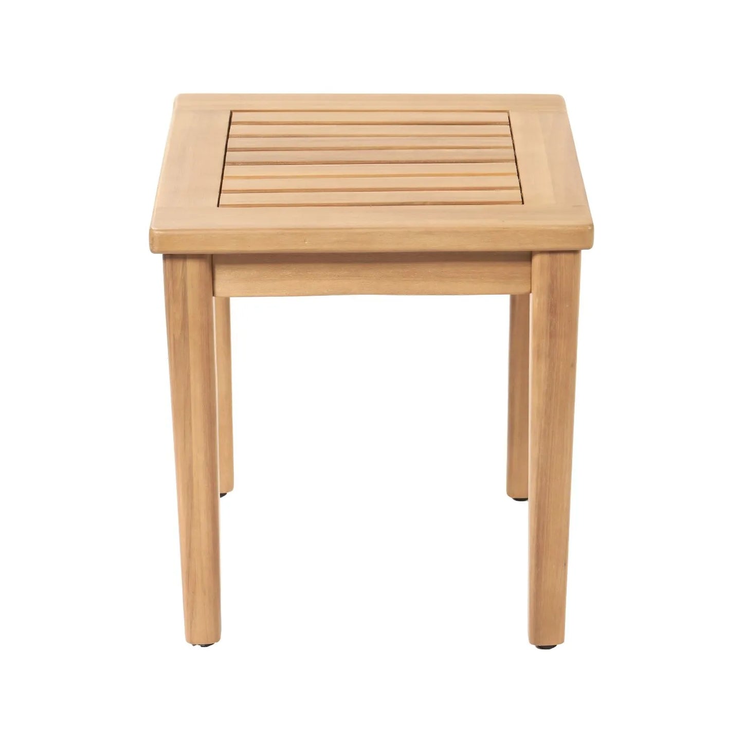 Neutral Beige Taupe 2-Seater Outdoor Garden Lounge Set with Armchairs, Footstools & Side Table – Light Teak Effect Acacia Wood Bistro Patio Set with Cushions, Compact Seating for Garden, Terrace, Balcony, Conservatory & Outdoor Living Space | Click Style