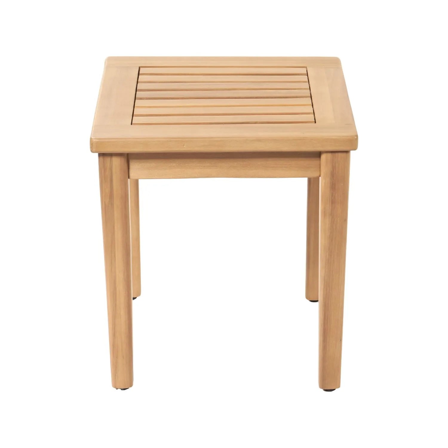 Neutral Beige Taupe 2-Seater Outdoor Garden Lounge Set with Armchairs, Footstools & Side Table – Light Teak Effect Acacia Wood Bistro Patio Set with Cushions, Compact Seating for Garden, Terrace, Balcony, Conservatory & Outdoor Living Space | Click Style