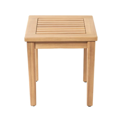 Neutral Beige Taupe 2-Seater Outdoor Garden Lounge Set with Armchairs, Footstools & Side Table – Light Teak Effect Acacia Wood Bistro Patio Set with Cushions, Compact Seating for Garden, Terrace, Balcony, Conservatory & Outdoor Living Space | Click Style